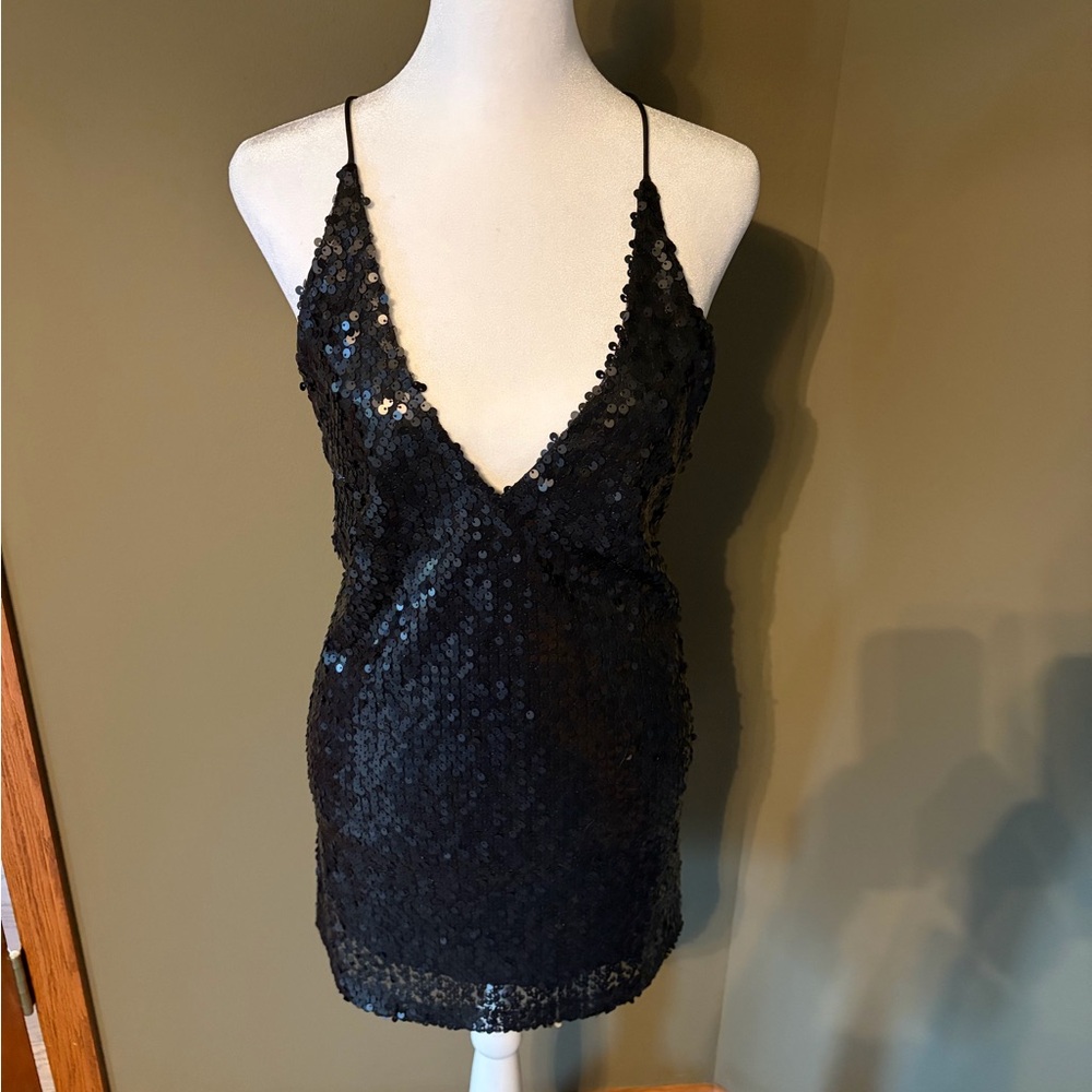 Motel Rocks Black Sequin Backless Spaghetti Strap Mini Dress